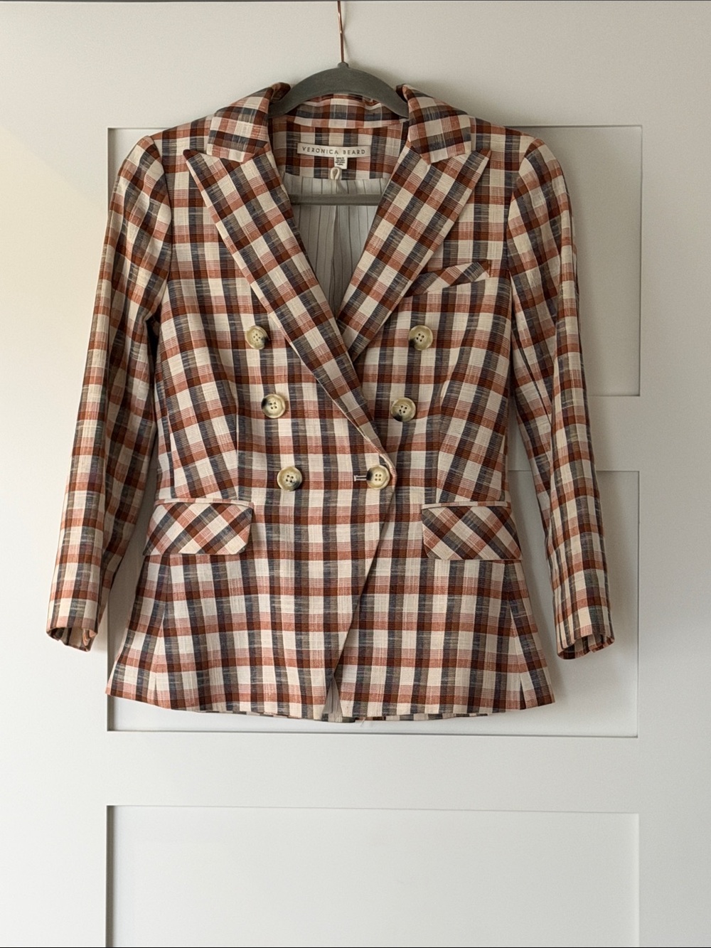 Veronica Beard Plaid Double-Breasted Blazer in Brown and Cream